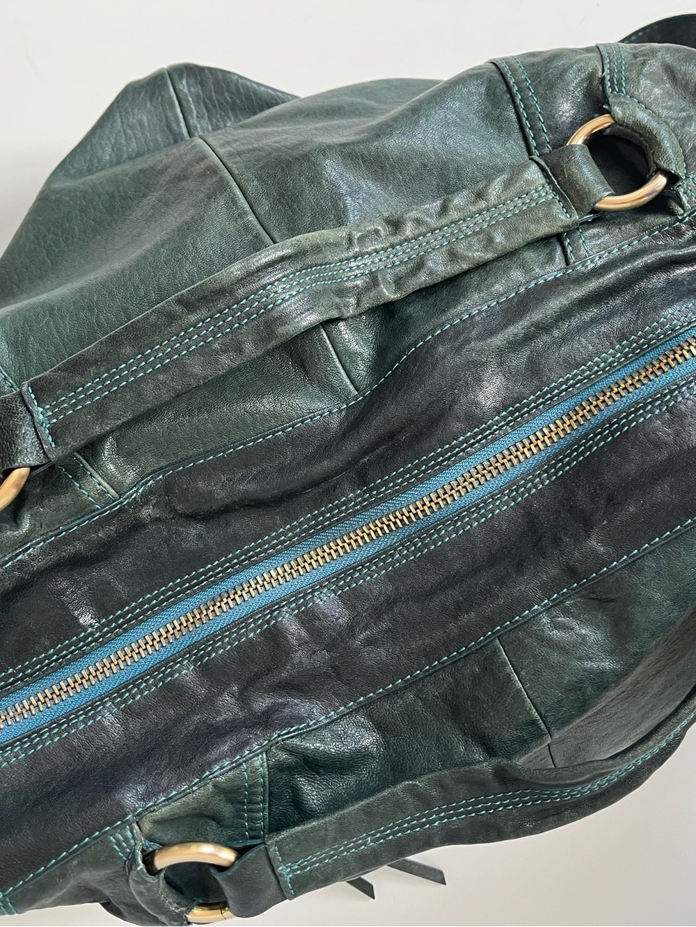 Andrew Marc Distressed Leather Slouch Tote | Oversized Hobo Bag | Teal Color - Picture 4 of 8